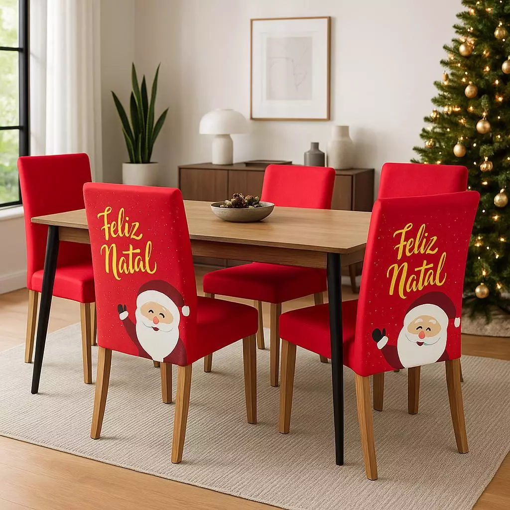 Capas de cadeira de Natal vermelhas com Papai Noel e Feliz Natal