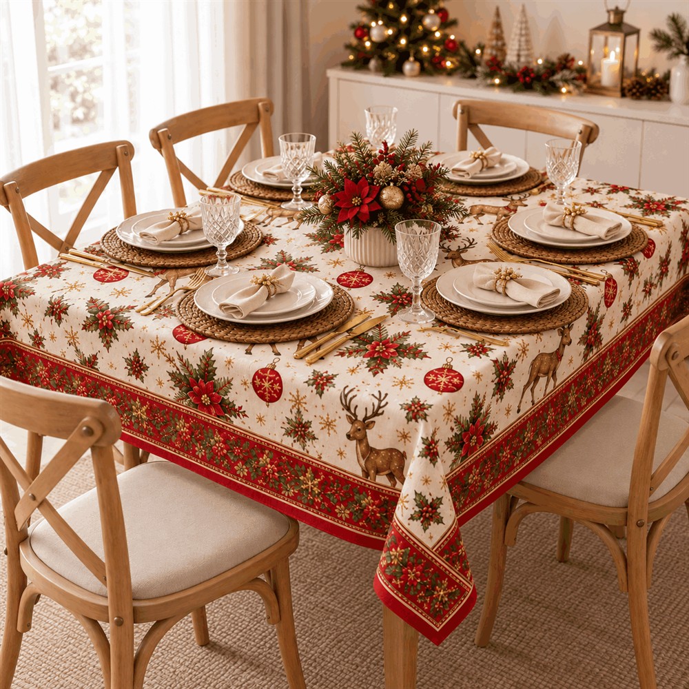 Toalha creme com renas e bolas de Natal em mesa posta