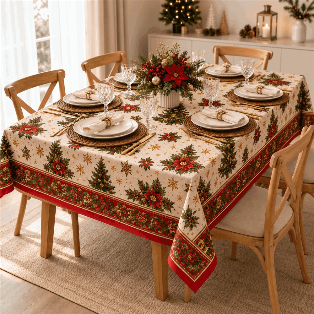 Toalha creme com árvores de Natal em mesa posta