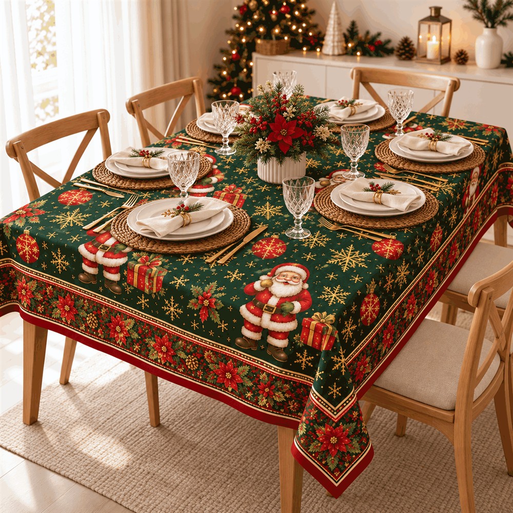 Toalha verde com Papai Noel e presentes em mesa posta