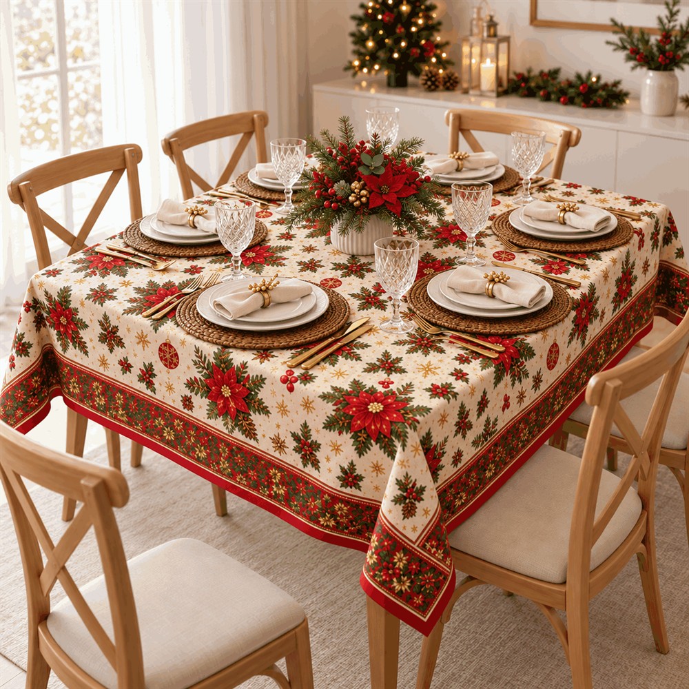 Toalha creme com poinsétias em mesa posta