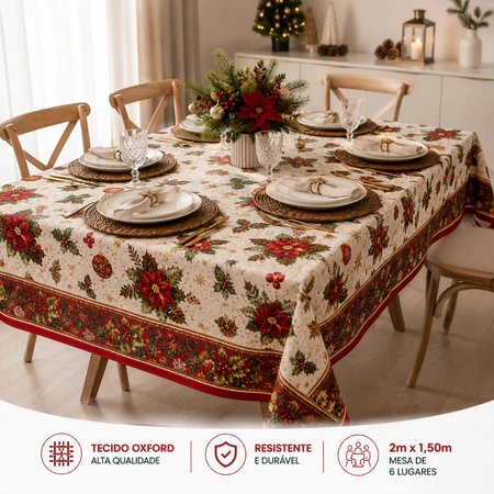 Toalha de mesa natalina com poinsétias em mesa posta para o Natal