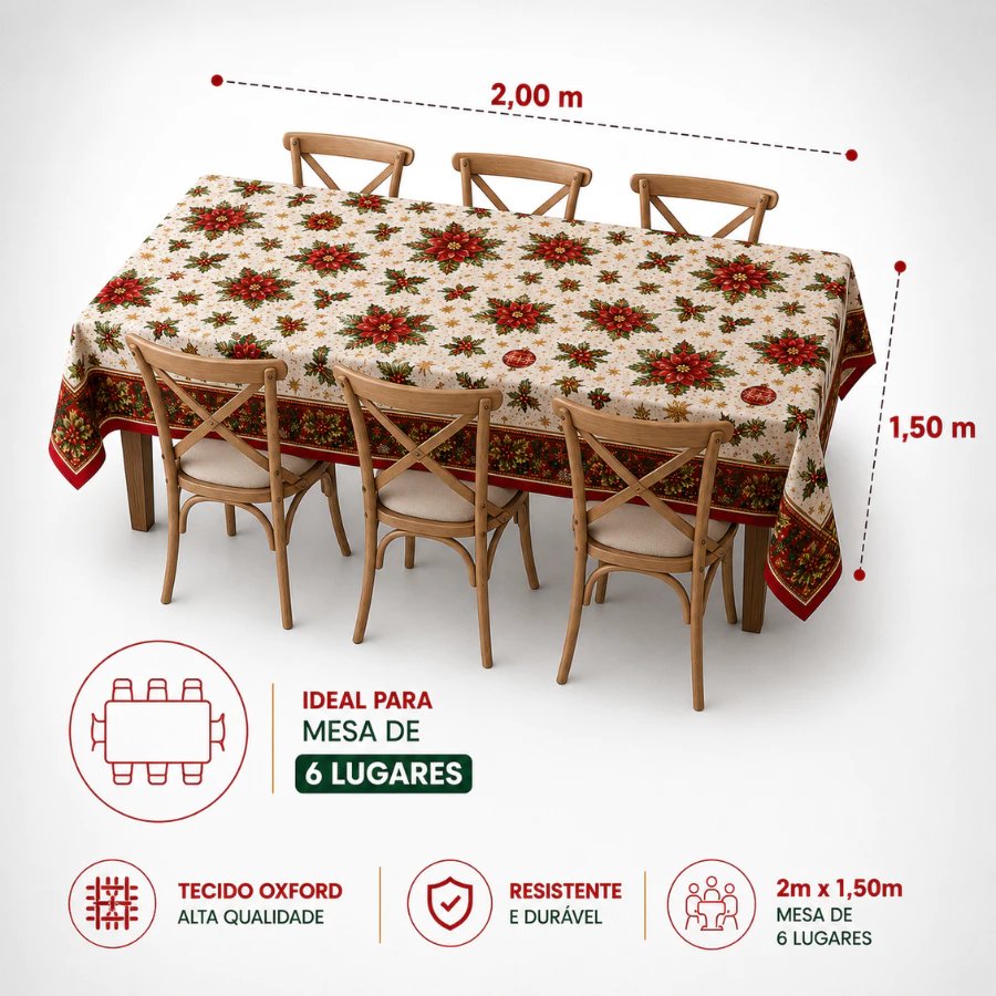 Toalha de mesa 2,00 x 1,50 m em mesa de 6 lugares